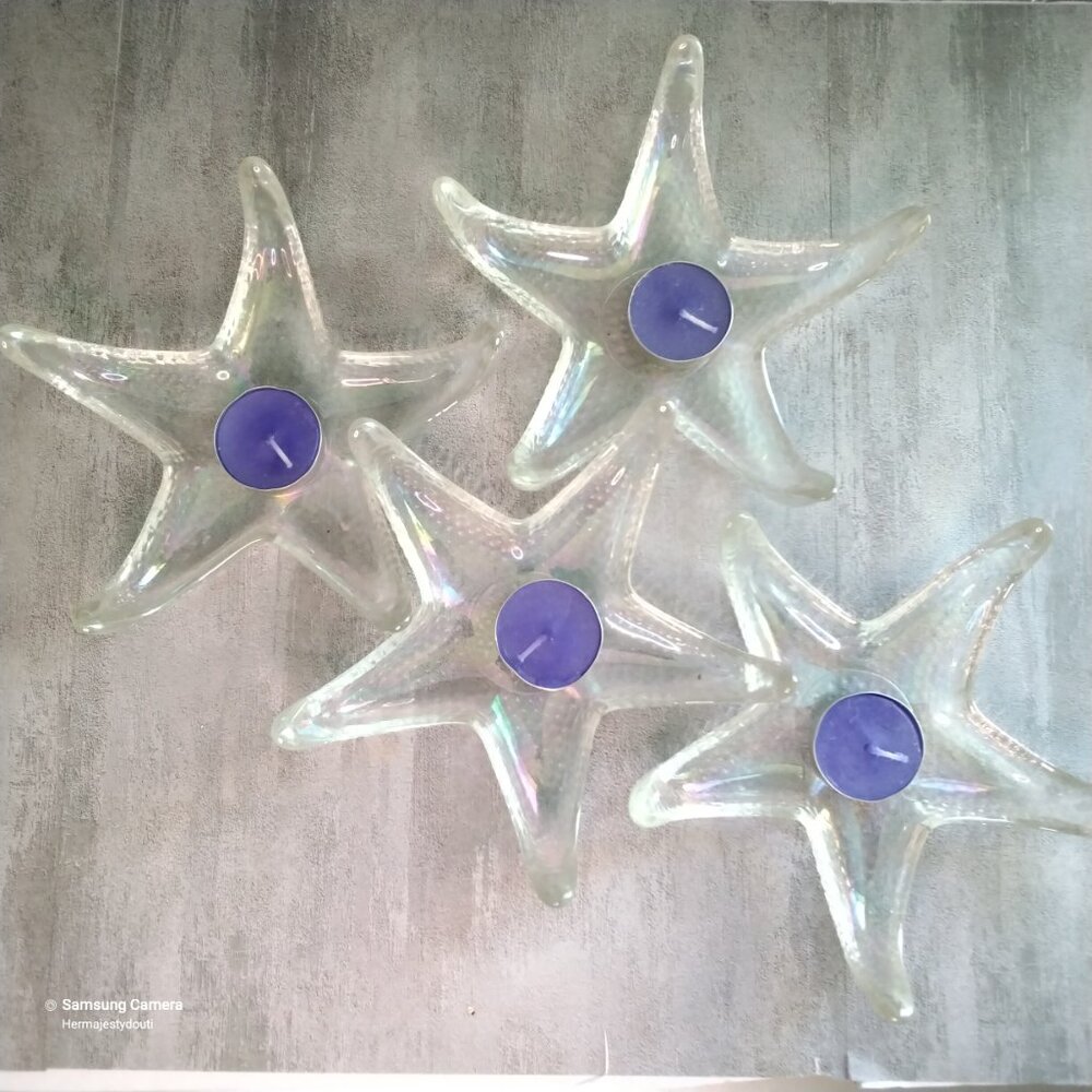Set 4 Iridescent 7" Clear Glass Starfish Candy Trinket or Candle Holder Decor